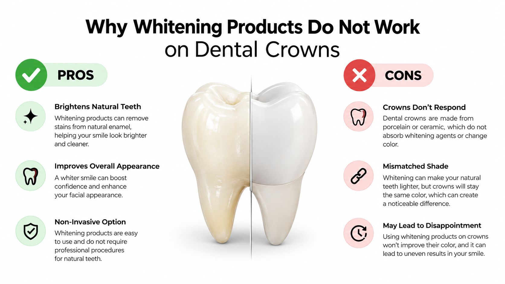 An infographic illustrating why dental whitening products are ineffective on porcelain or ceramic dental crowns.