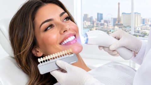 Woman undergoing professional teeth whitening treatment in Las Vegas, NV, with a dental professional using
