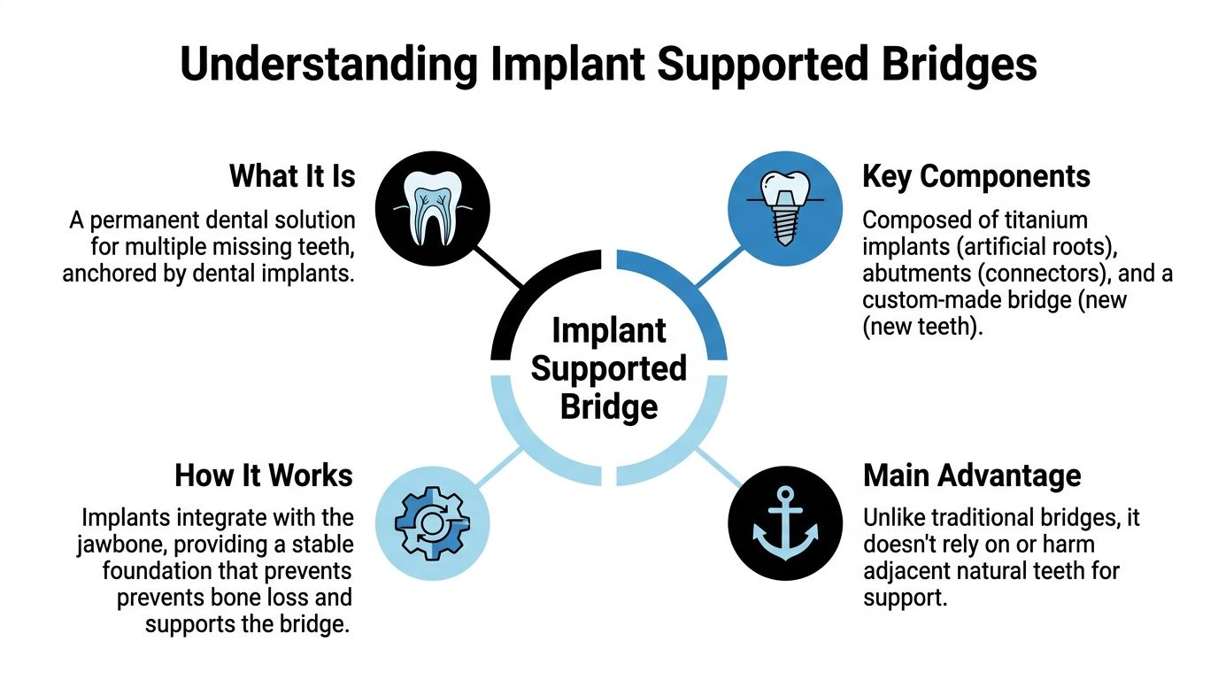 An infographic titled Understanding Implant Supported Bridges, explaining what they are, key components, benefits, and how they function.