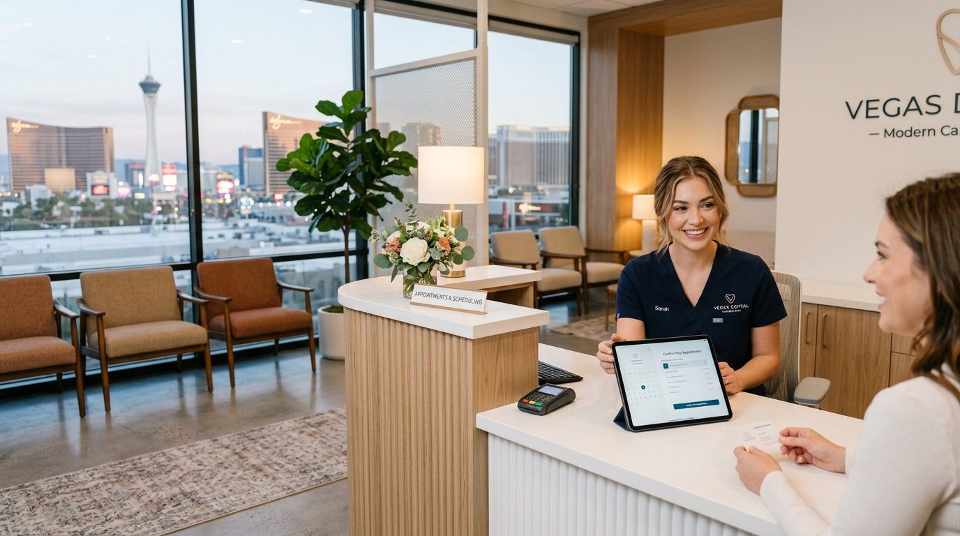 A friendly dental receptionist assists a patient with scheduling an appointment at a modern clinic office.