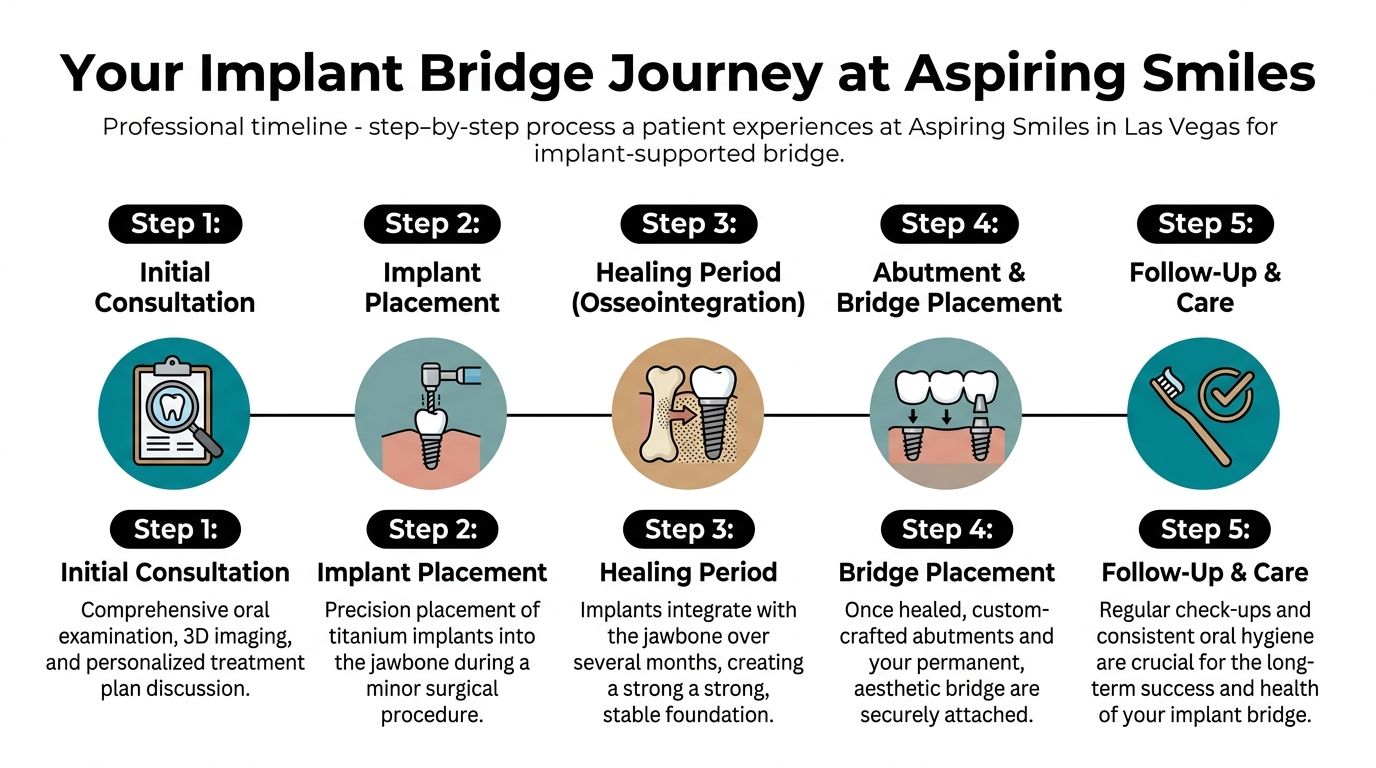 A step-by-step infographic showing the five stages of receiving an implant-supported bridge at Aspiring Smiles.
