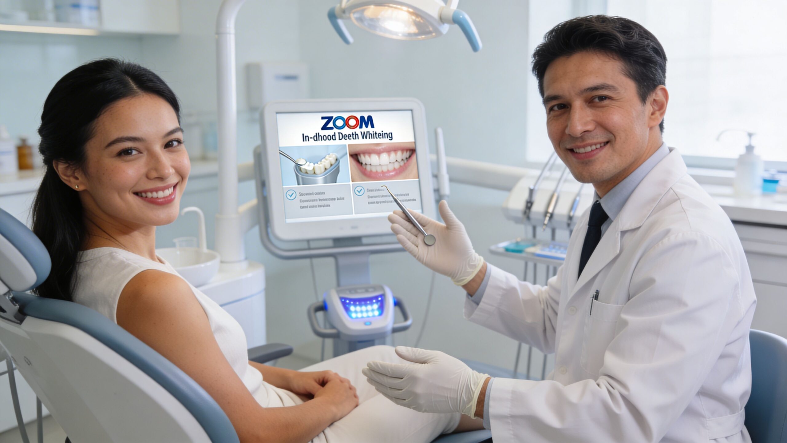 A friendly dentist explaining the benefits of Zoom professional teeth whitening to a smiling female patient.