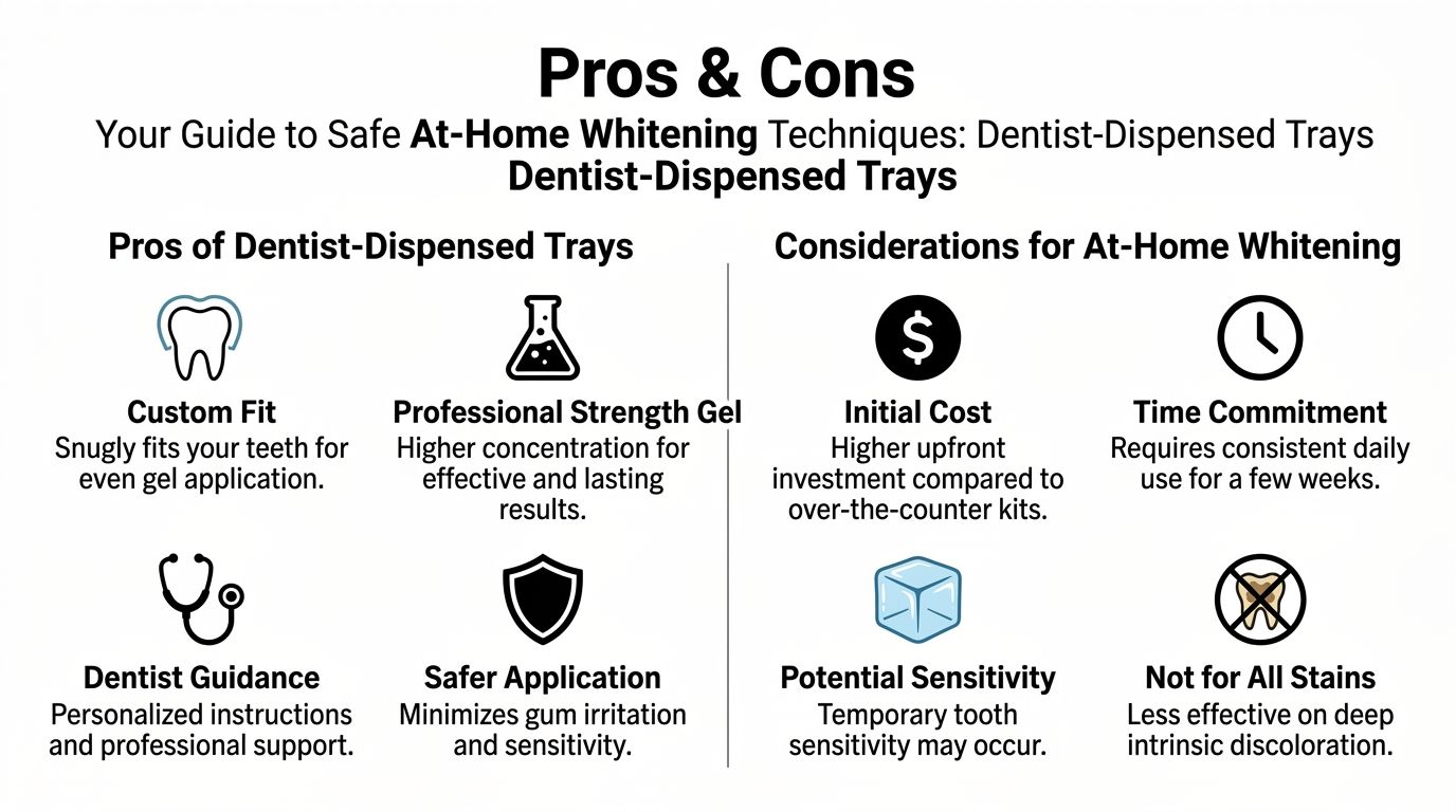 An infographic detailing the pros and considerations of using dentist-dispensed at-home teeth whitening trays.
