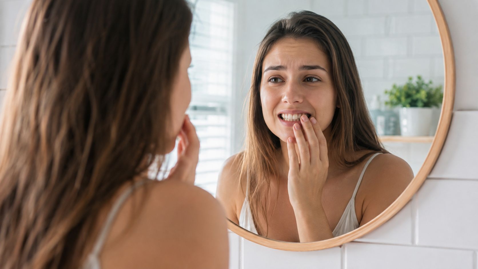 A concerned woman examining her teeth in a round bathroom mirror while touching her mouth.
