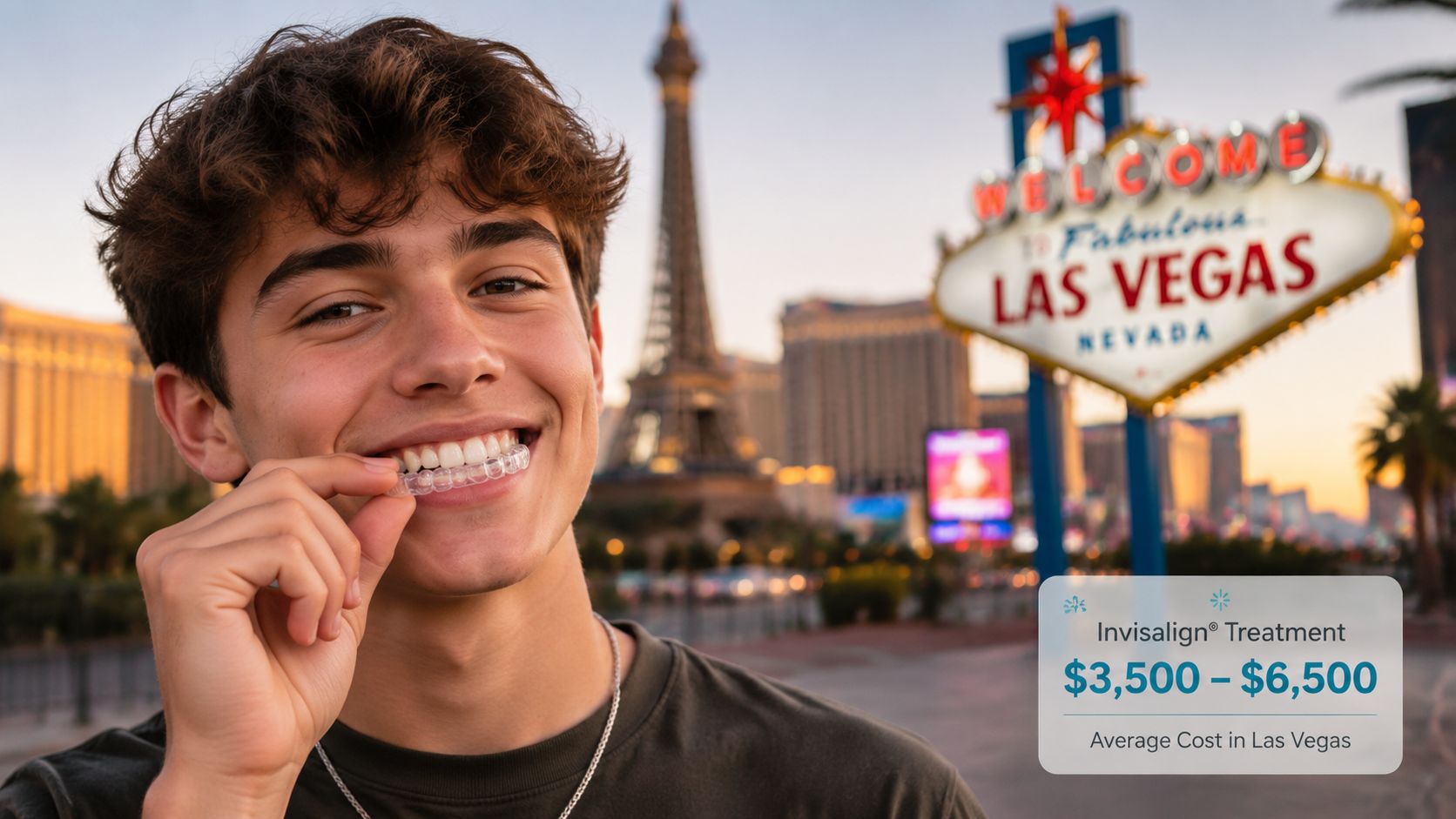A young man smiling while holding clear dental aligners in front of the Las Vegas sign.