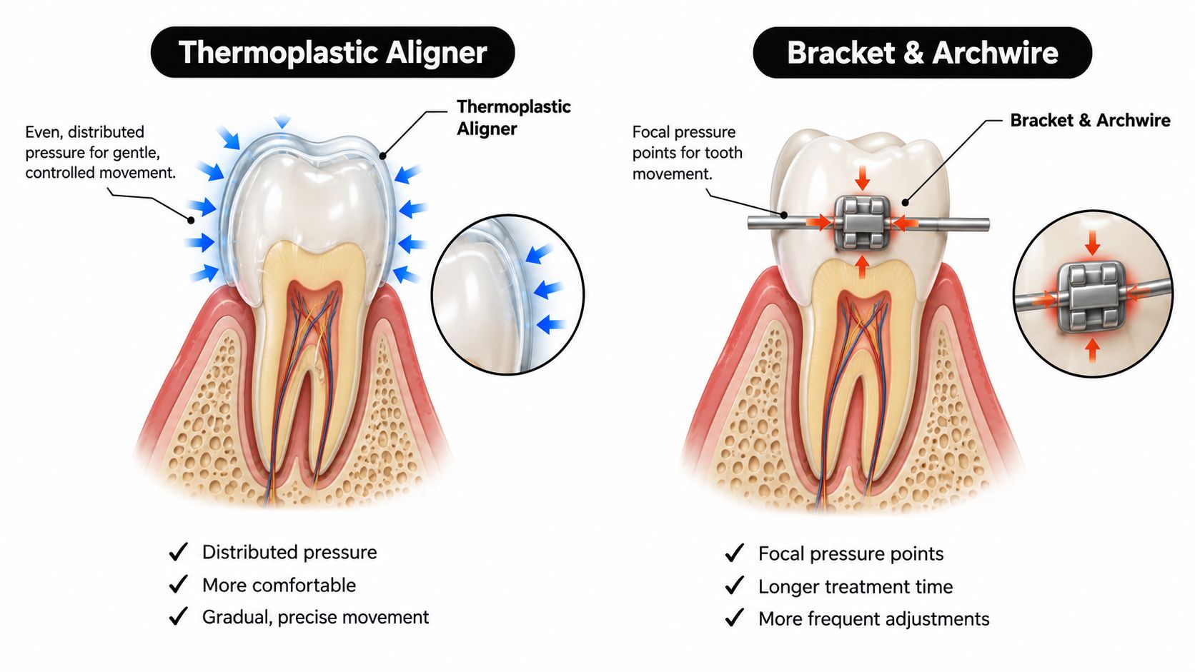 A comparison illustration showing how thermoplastic aligners provide distributed pressure versus braces using focal archwire pressure.