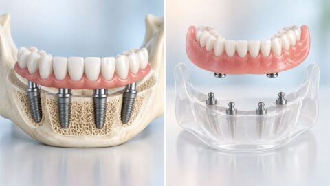 Diagram illustrating the All-on-4 dental implant procedure, showcasing four implants supporting a full arch denture