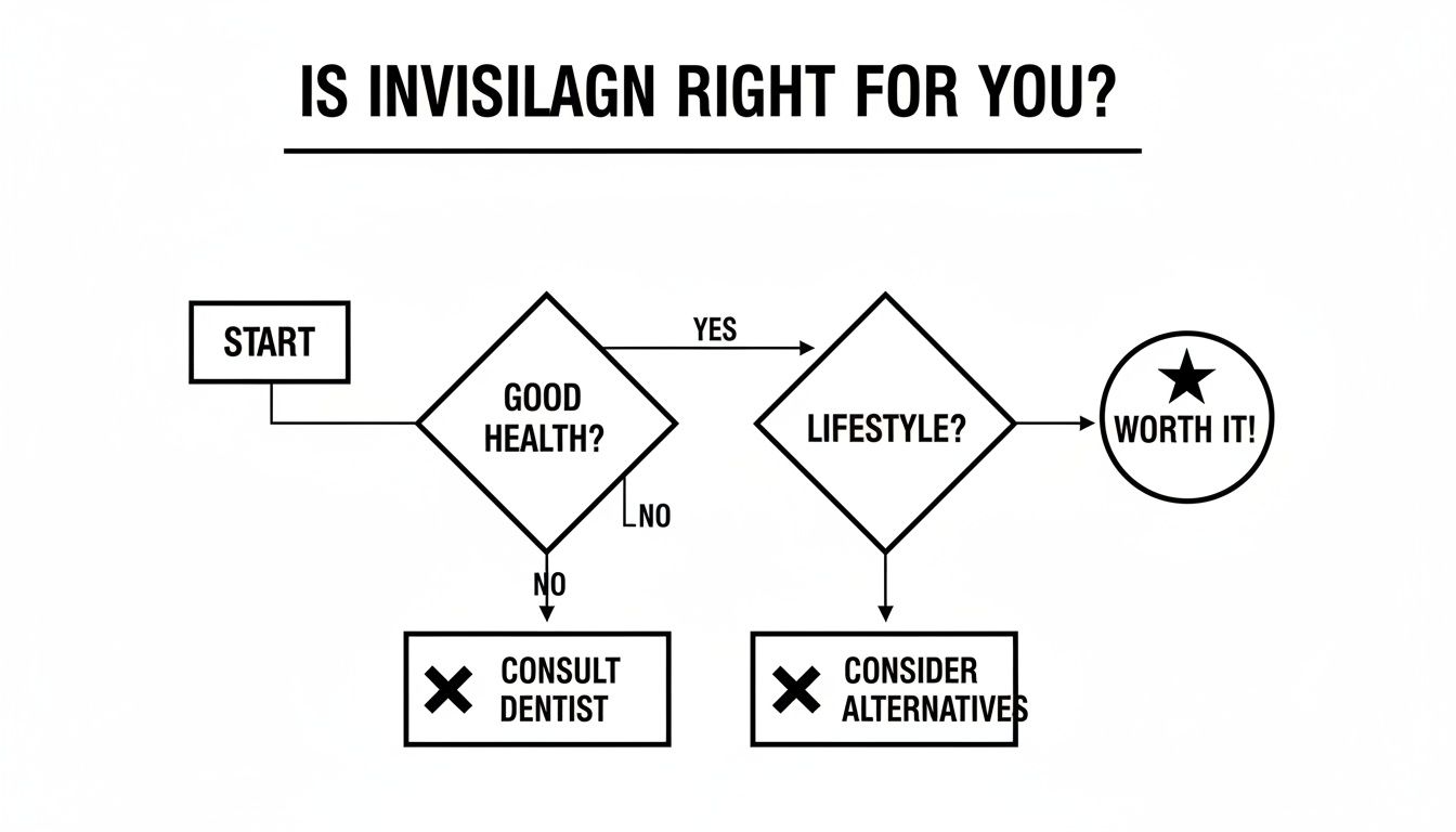 A flowchart titled 'Is Invisalign Right For You?' evaluating health and lifestyle.