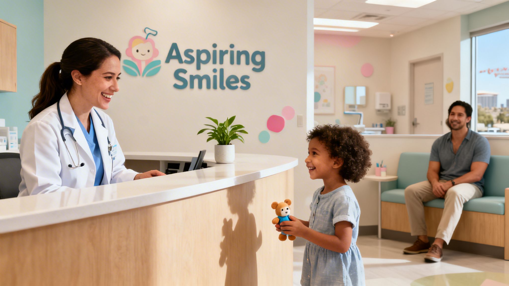 A friendly female doctor smiles at a little girl with a teddy bear in a welcoming pediatric dental office.