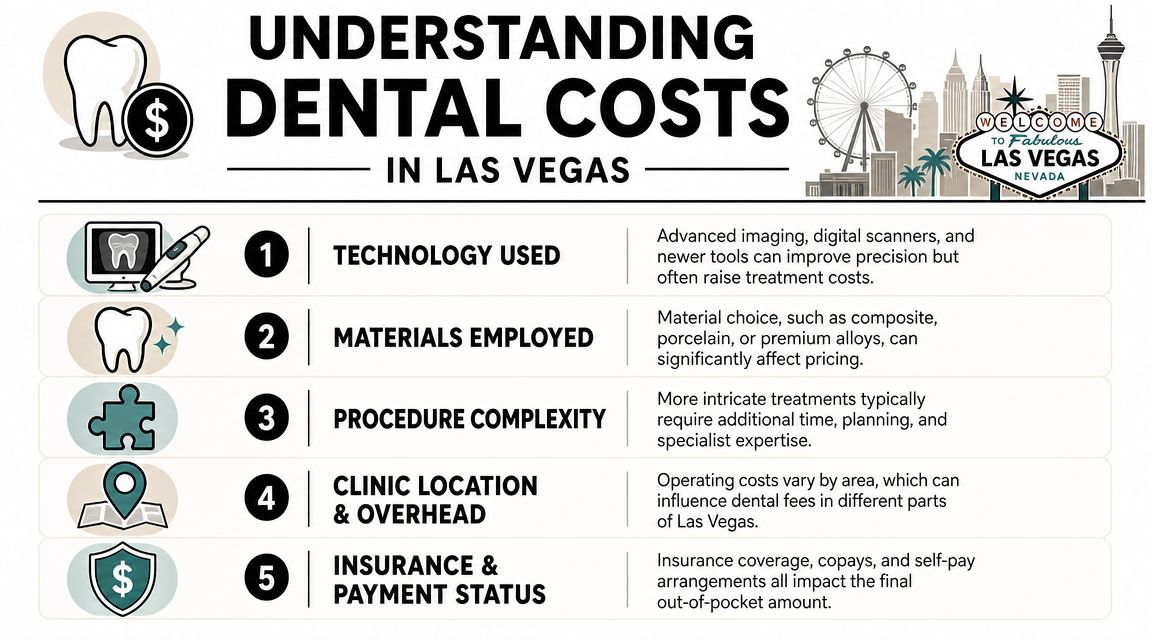 An infographic titled Understanding Dental Costs in Las Vegas explaining five factors that influence dental pricing.