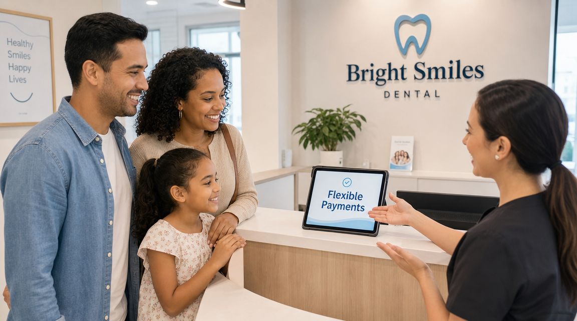 A friendly dental receptionist shows a tablet with flexible payment options to a smiling family.