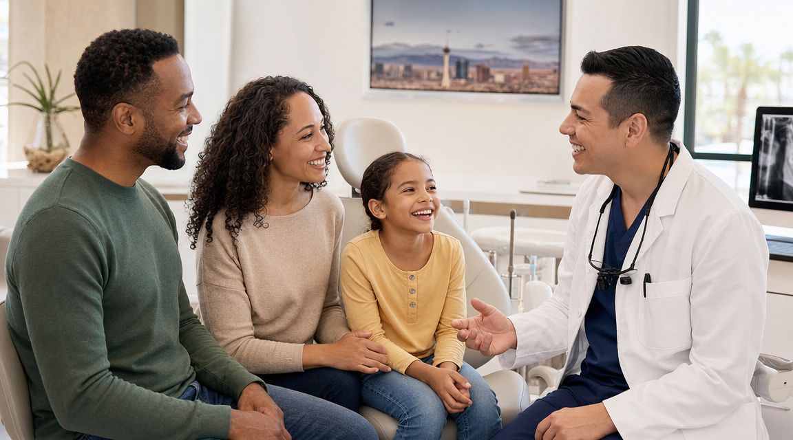A friendly dentist consults with a young girl and her parents in a modern dental office.