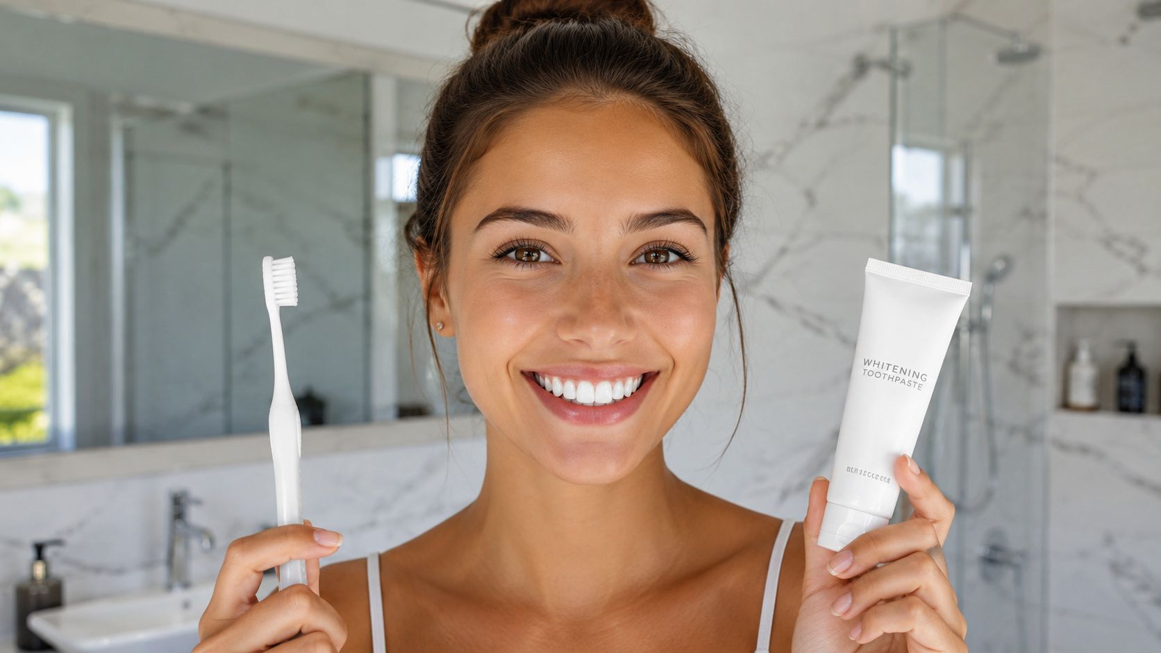A smiling young woman holding a toothbrush and a tube of whitening toothpaste in her bathroom.