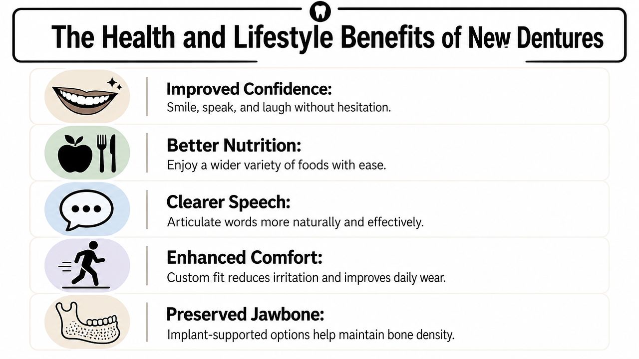 Benefits of new dentures: improved confidence, nutrition, speech, comfort, and jawbone preservation.