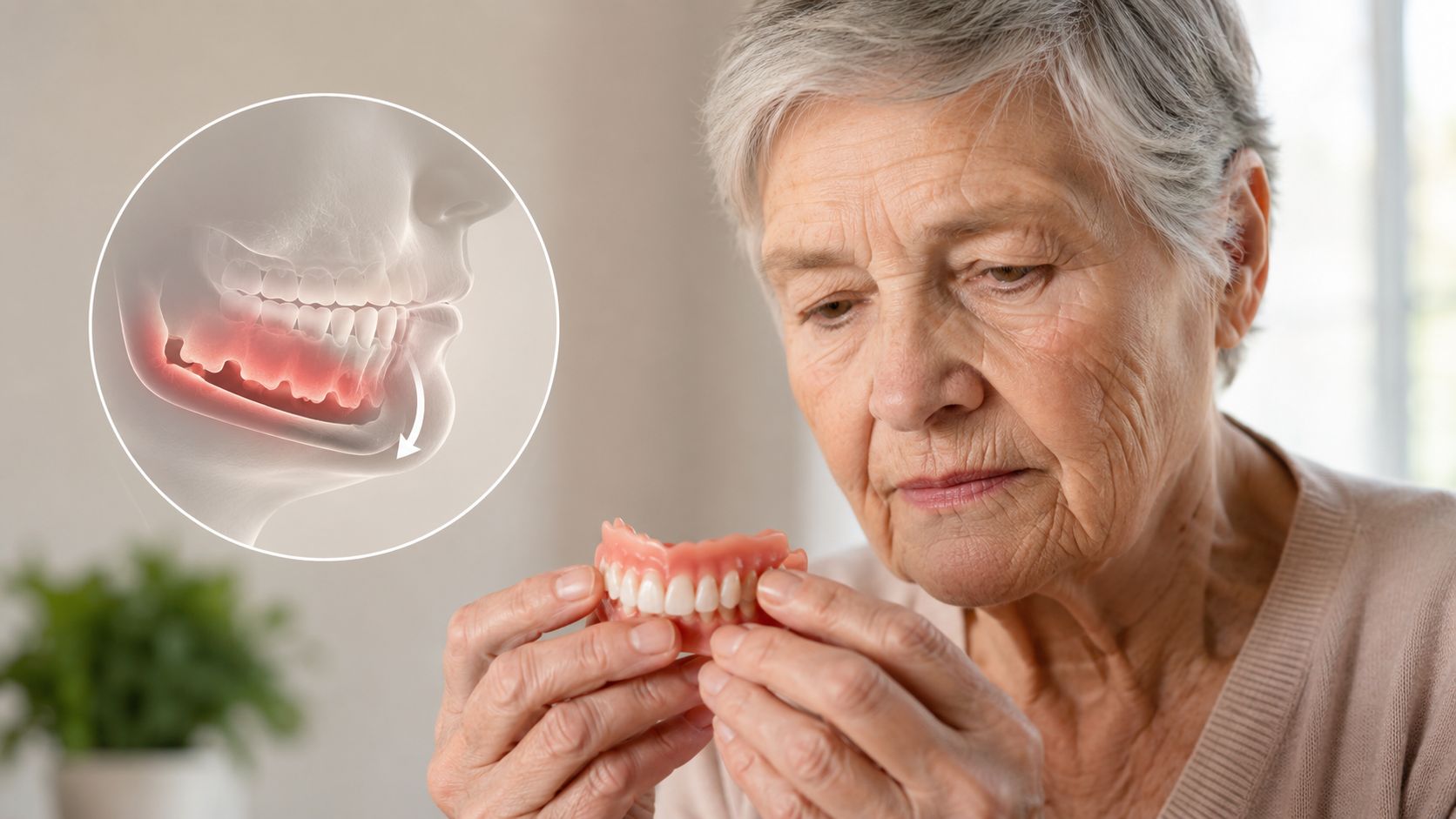 Woman examining dentures and jawbone shrinkage illustration, exploring denture options in Las Vegas.