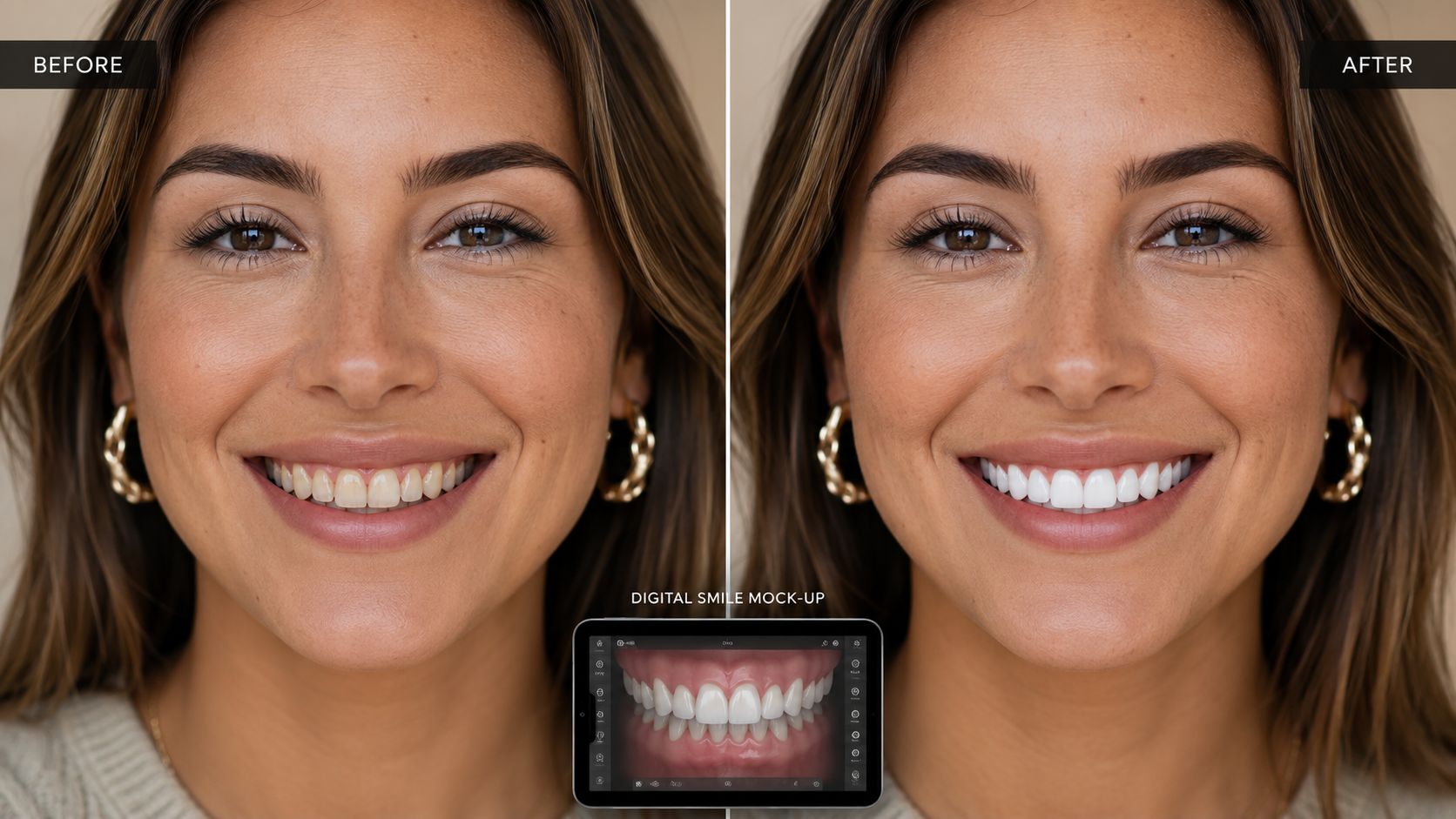 A split image showing a woman's smile before and after dental treatment with natural looking veneers.