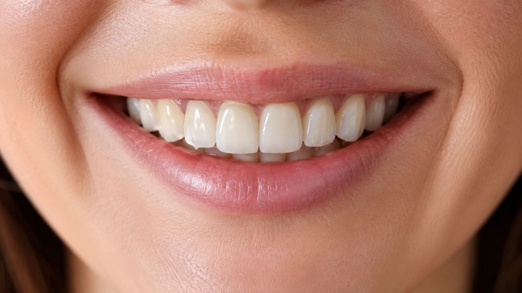 A close-up shot of a bright, healthy smile showcasing clean white teeth and natural looking veneers.