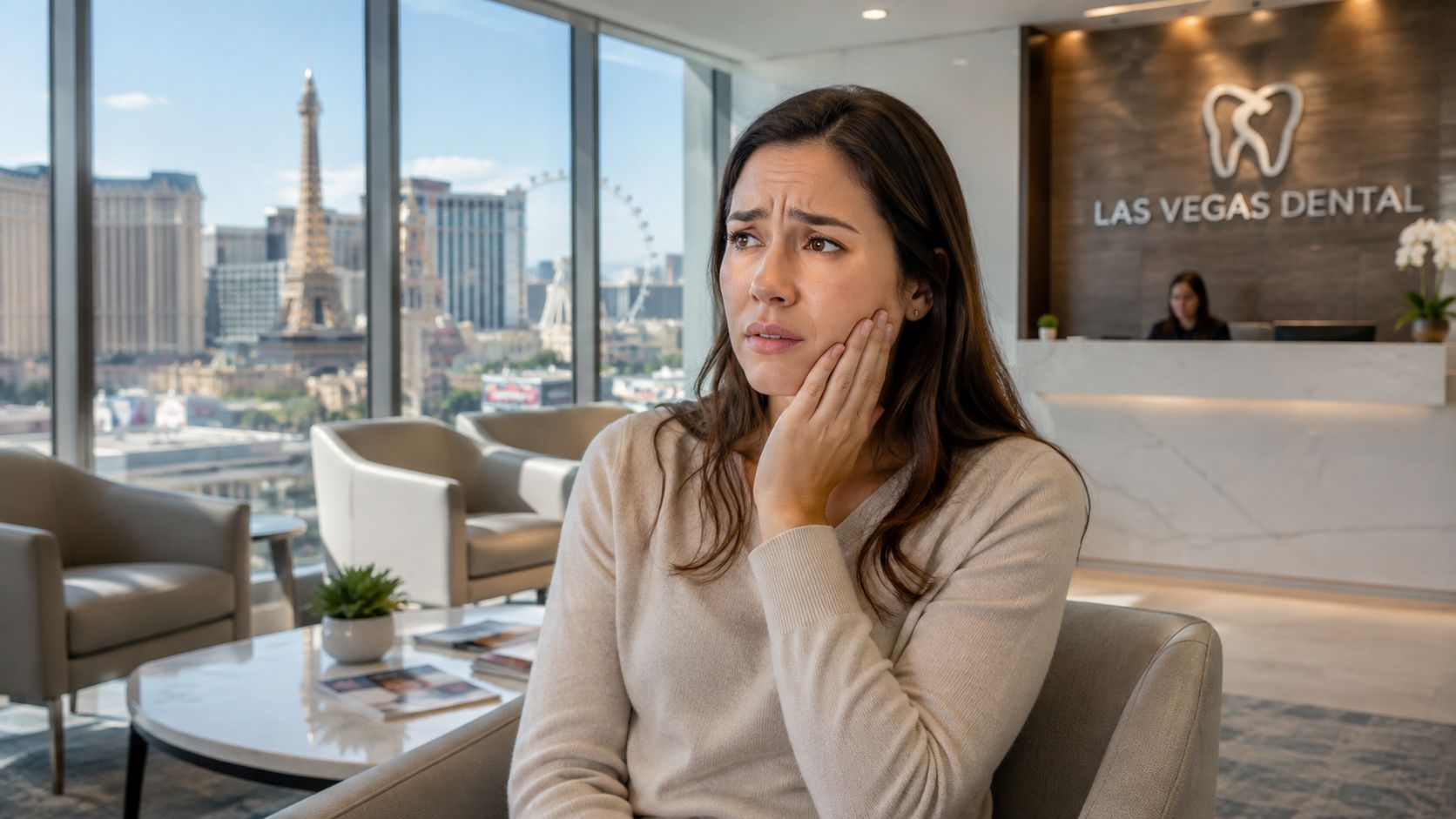 A concerned woman sits in a modern dental office waiting area, holding her cheek in pain.