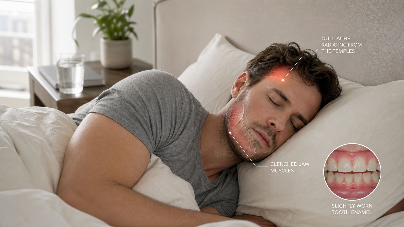 A man sleeping in bed with an illustration of jaw clenching and temple pain from bruxism.
