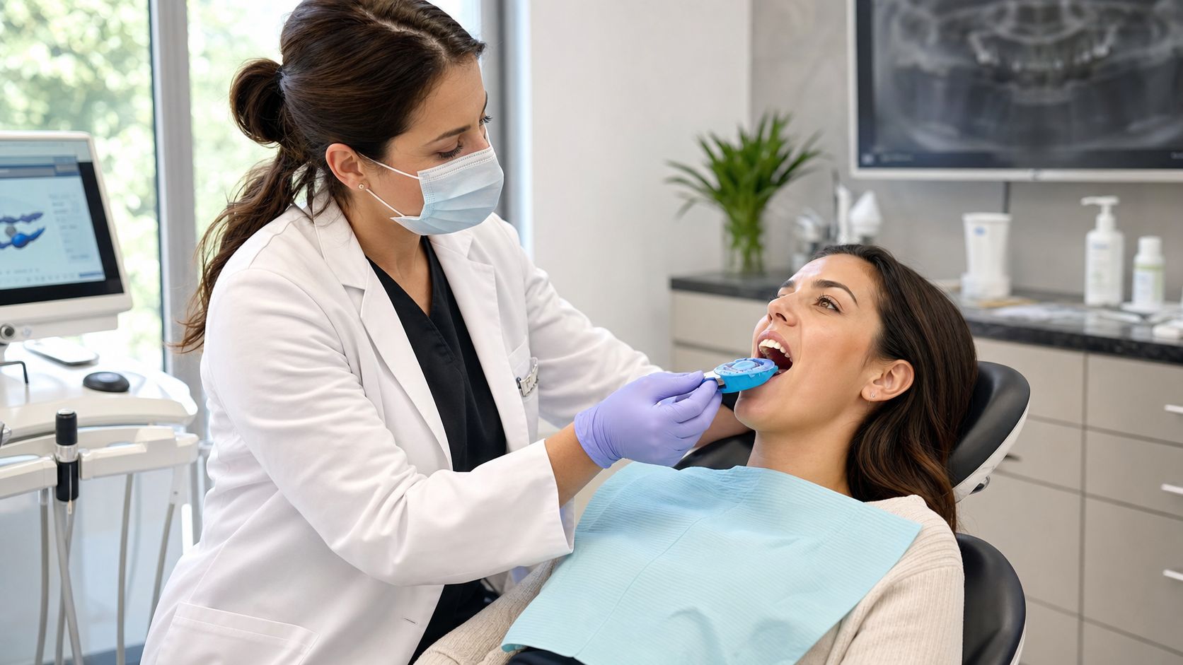 A dentist wearing a mask and gloves prepares a dental impression tray for a patient in her chair.