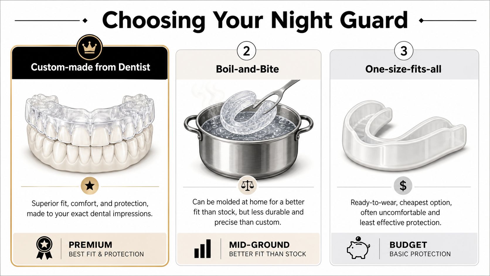 A comparison chart showing three types of dental night guards: custom-made, boil-and-bite, and one-size-fits-all.