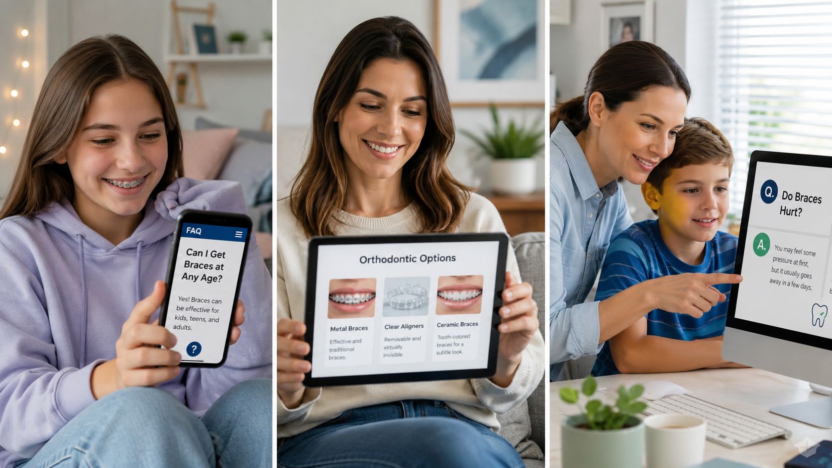 A split image shows people learning about orthodontic treatments on smartphones, tablets, and a desktop computer screen.