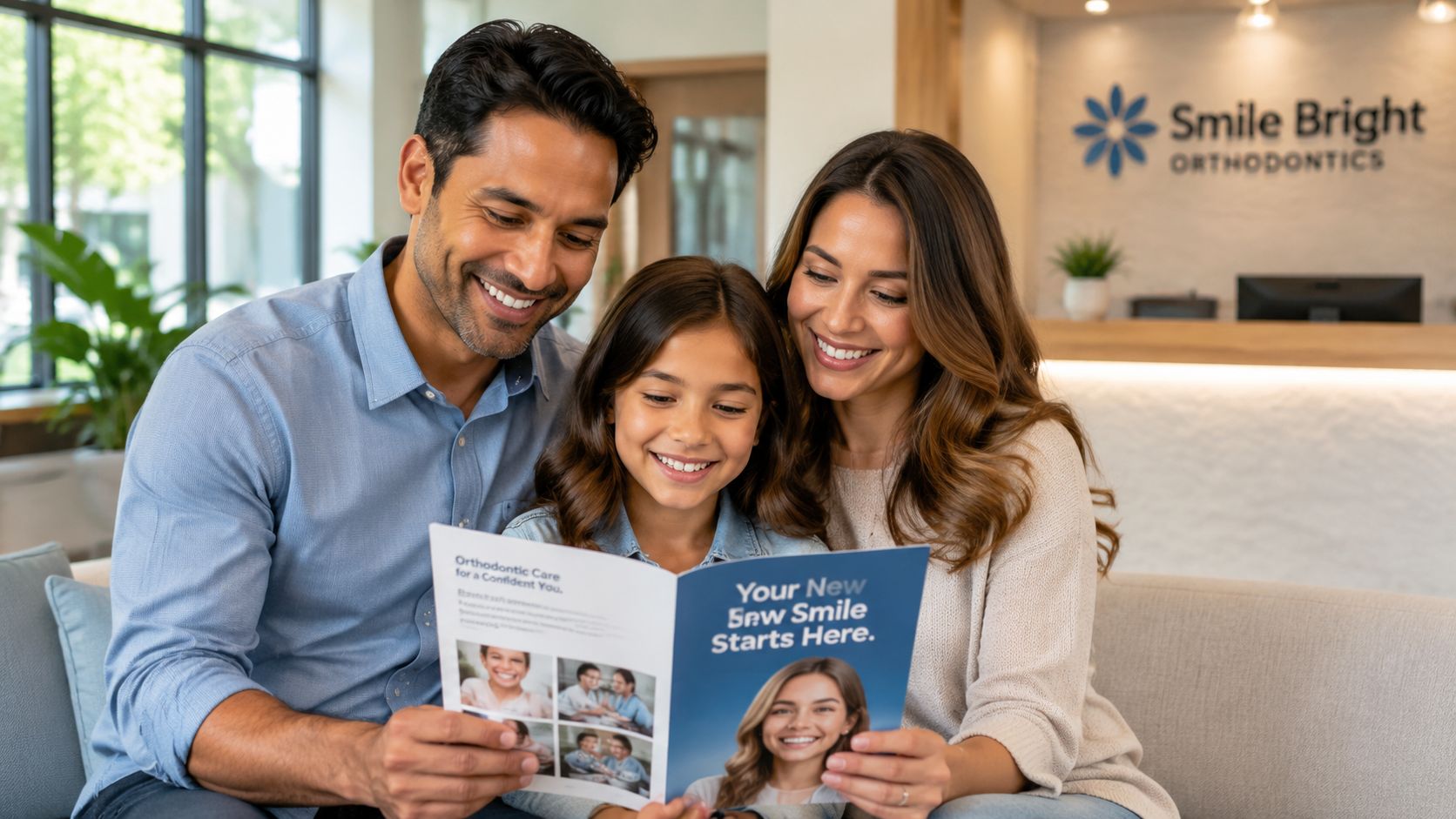 A happy family sitting together and looking at a brochure at the Smile Bright Orthodontics office.