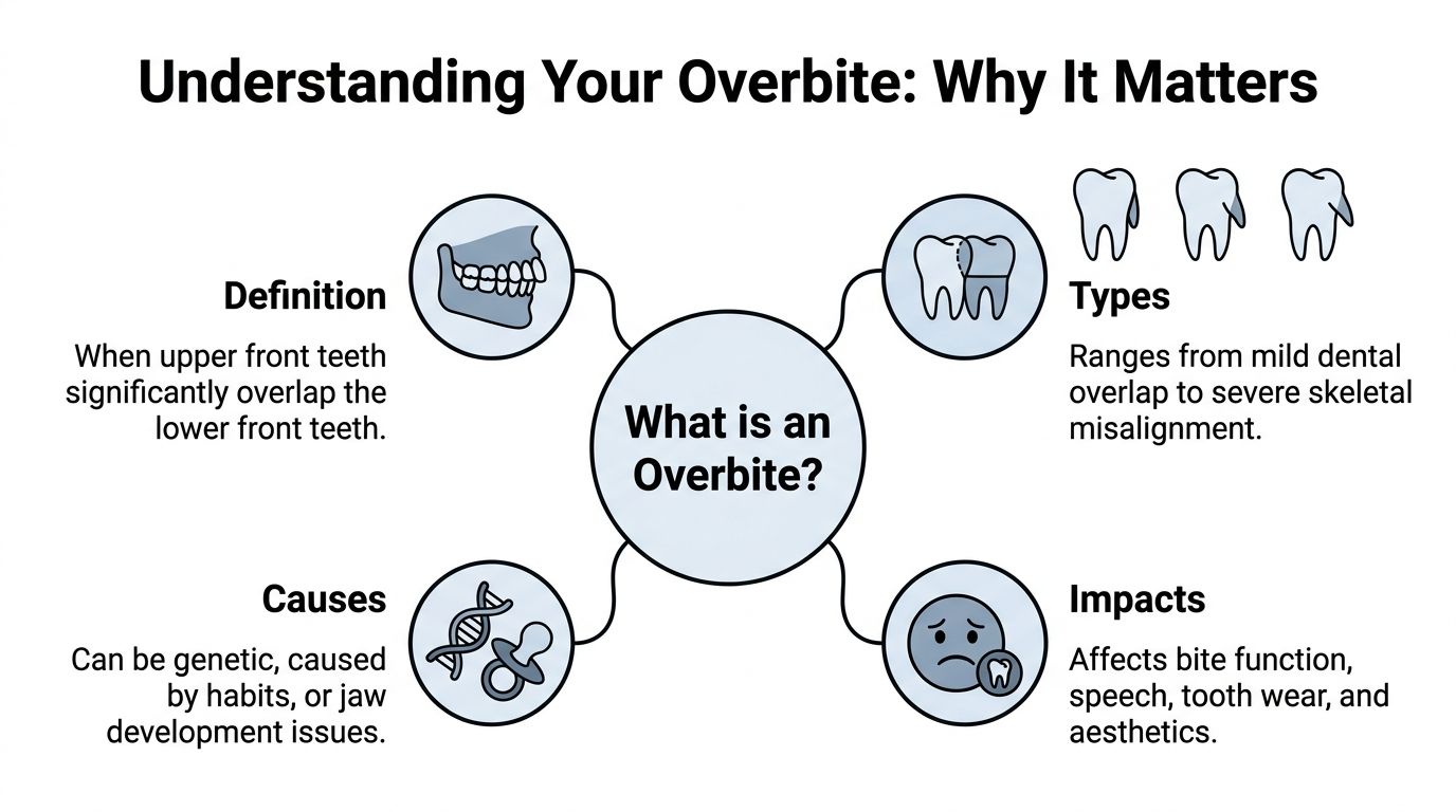 An infographic titled Understanding Your Overbite explaining its definition, types, causes, and impacts on oral health.