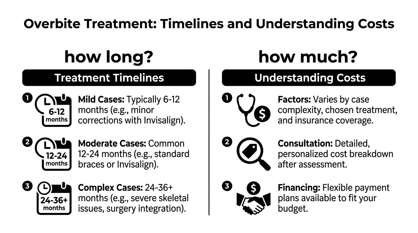 An infographic showing the treatment timelines and cost considerations for correcting an overbite.