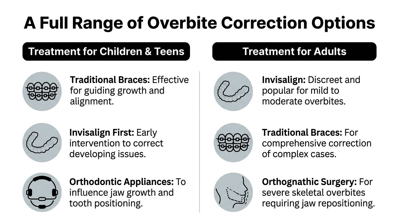 An infographic showing different overbite correction options for children, teens, and adults using braces and aligners.