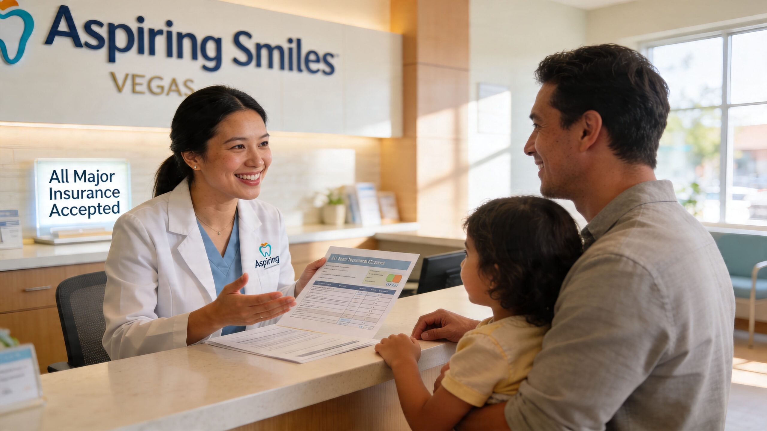 A friendly dentist discussing insurance paperwork with a father and his young daughter at the front desk.