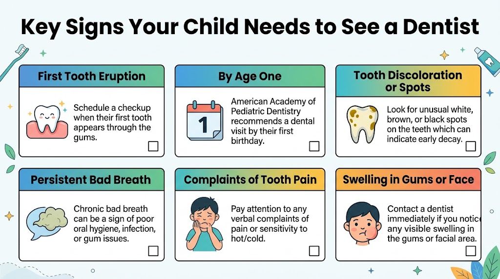 An infographic detailing six essential signs and milestones indicating when a child needs a dental visit.