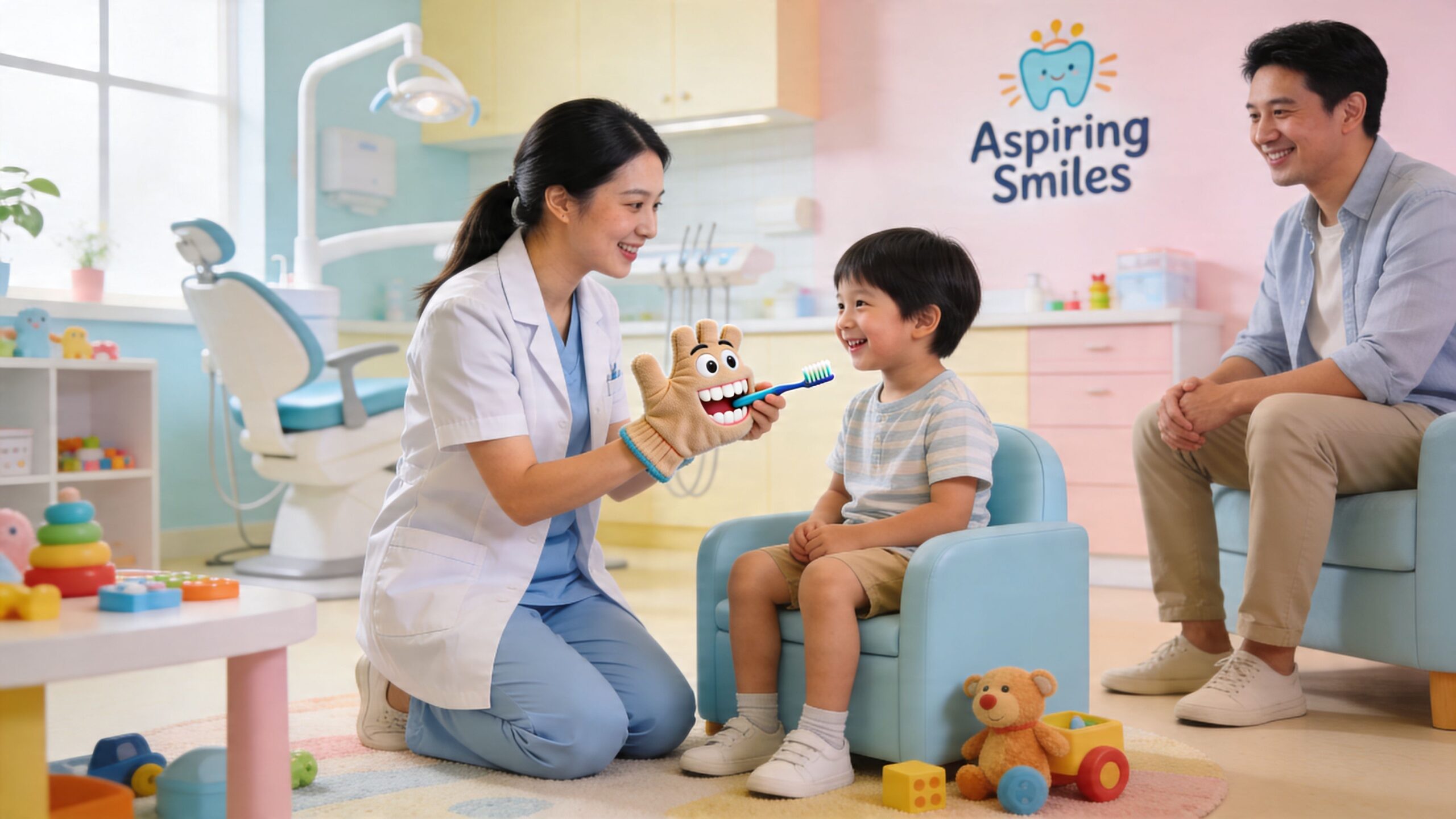 A friendly pediatric dentist uses a tooth puppet to teach a young boy how to brush teeth.