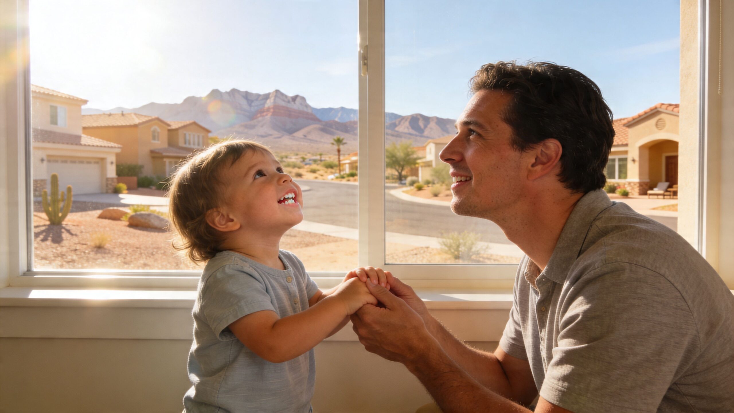 A happy toddler smiling at his father as they hold hands while looking out a large window.