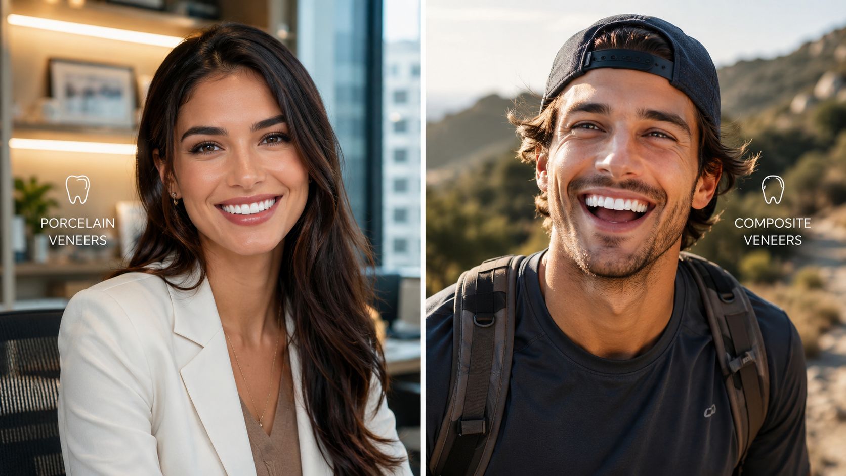 A split image comparing a smiling woman representing porcelain veneers and a smiling man representing composite veneers.