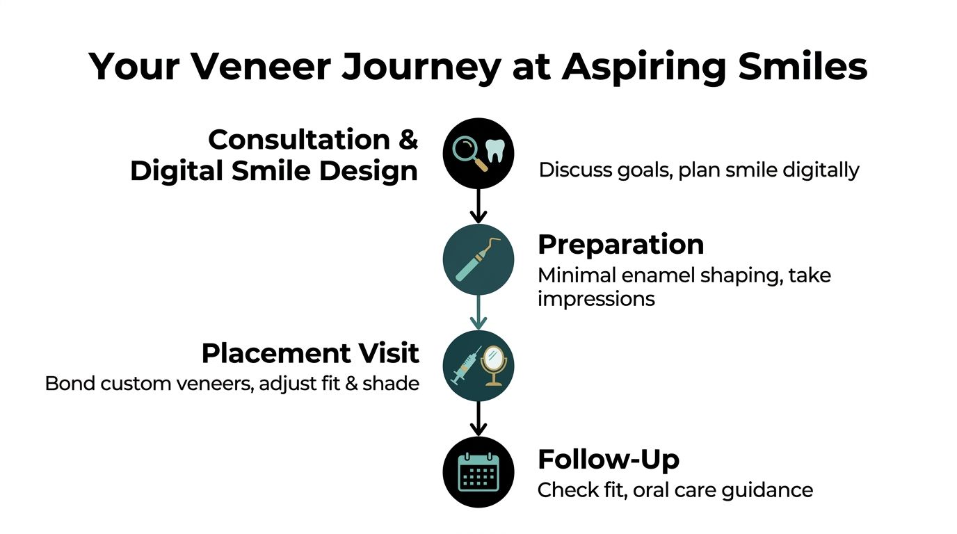 A four-step infographic illustrating the porcelain veneer treatment journey at Aspiring Smiles dental clinic.