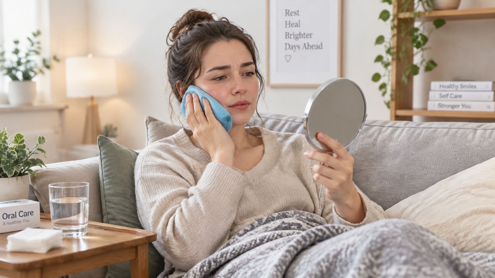 A young woman sitting on a sofa with an ice pack on her cheek after a dental procedure.