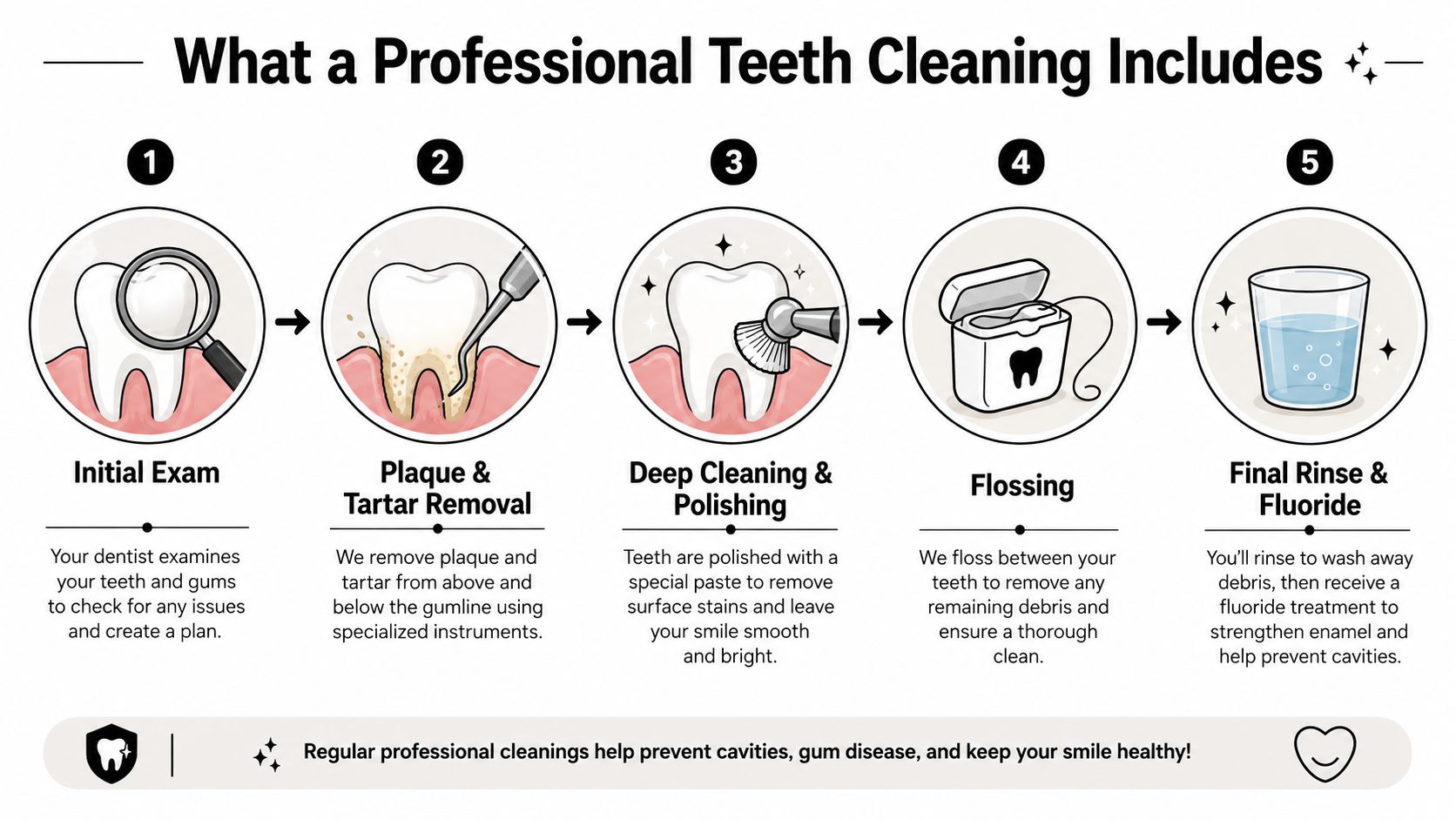 An infographic showing the five steps of a professional teeth cleaning process from exam to fluoride.