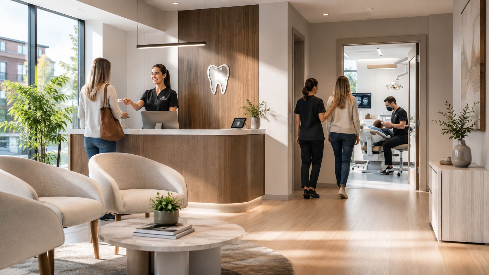 A friendly receptionist greeting a patient at the bright and modern front desk of a dental clinic.