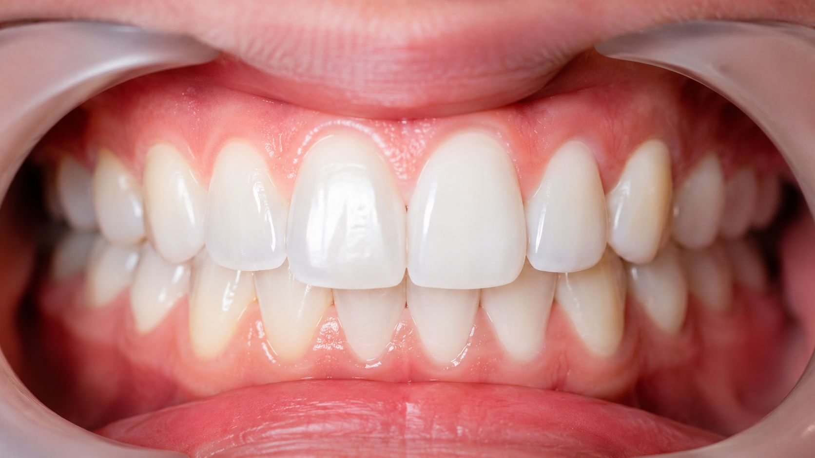 Close-up view of healthy white teeth and gums during a professional dental examination with retractors.