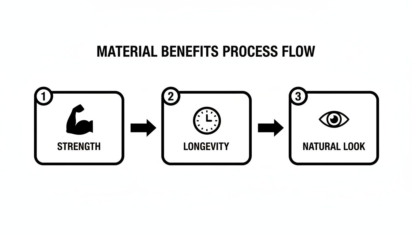 A process flow diagram showcasing material benefits: strength, longevity, and natural look, numbered one to three.
