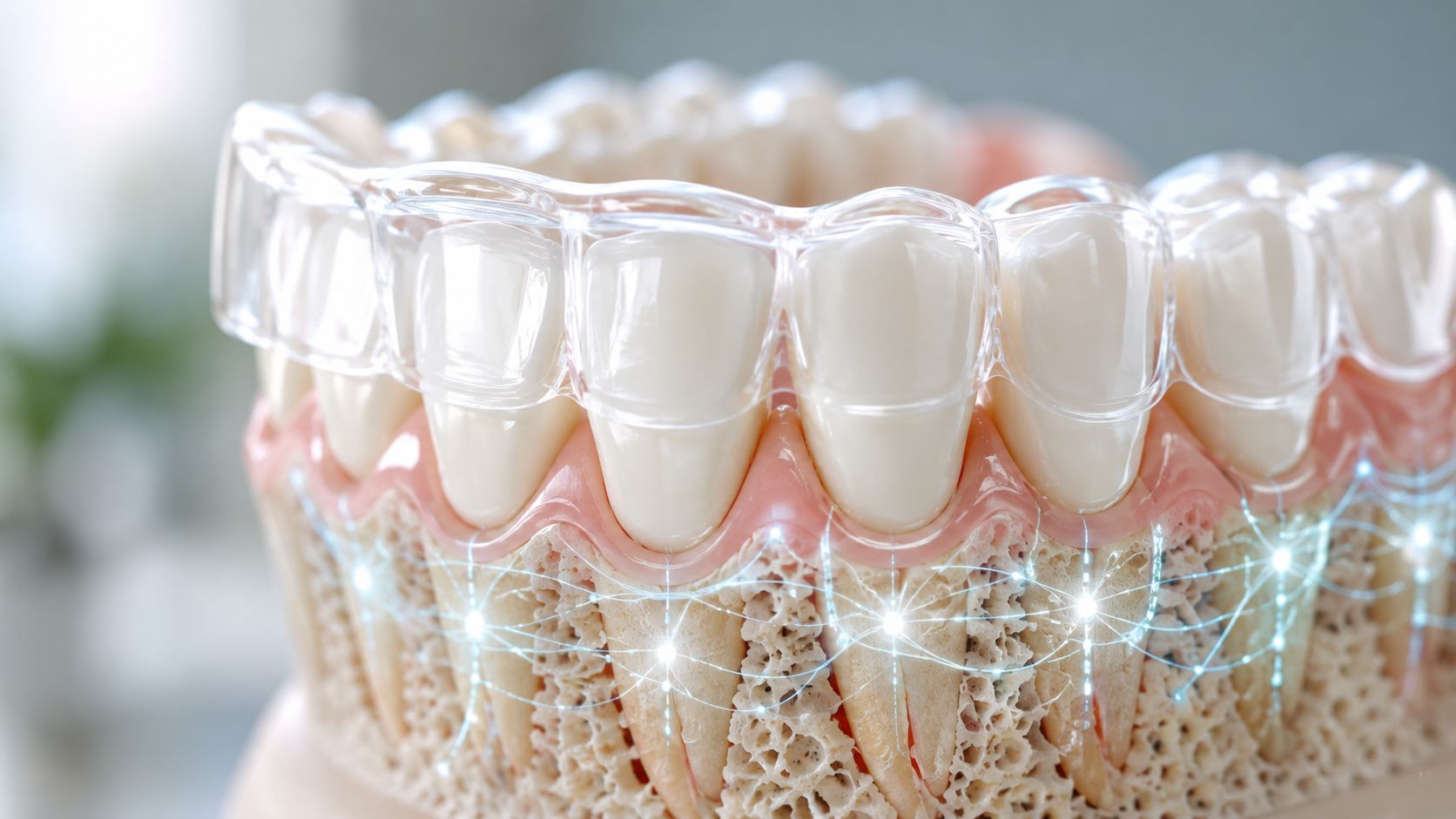 Close up of a dental model showing clear aligner teeth straightening trays on human jaw bone structure.
