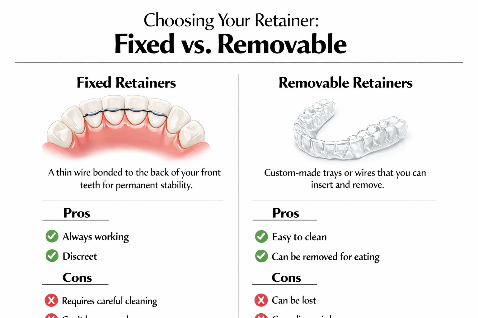 A comparison chart showing the differences between fixed bonded wire retainers and removable clear tray retainers.