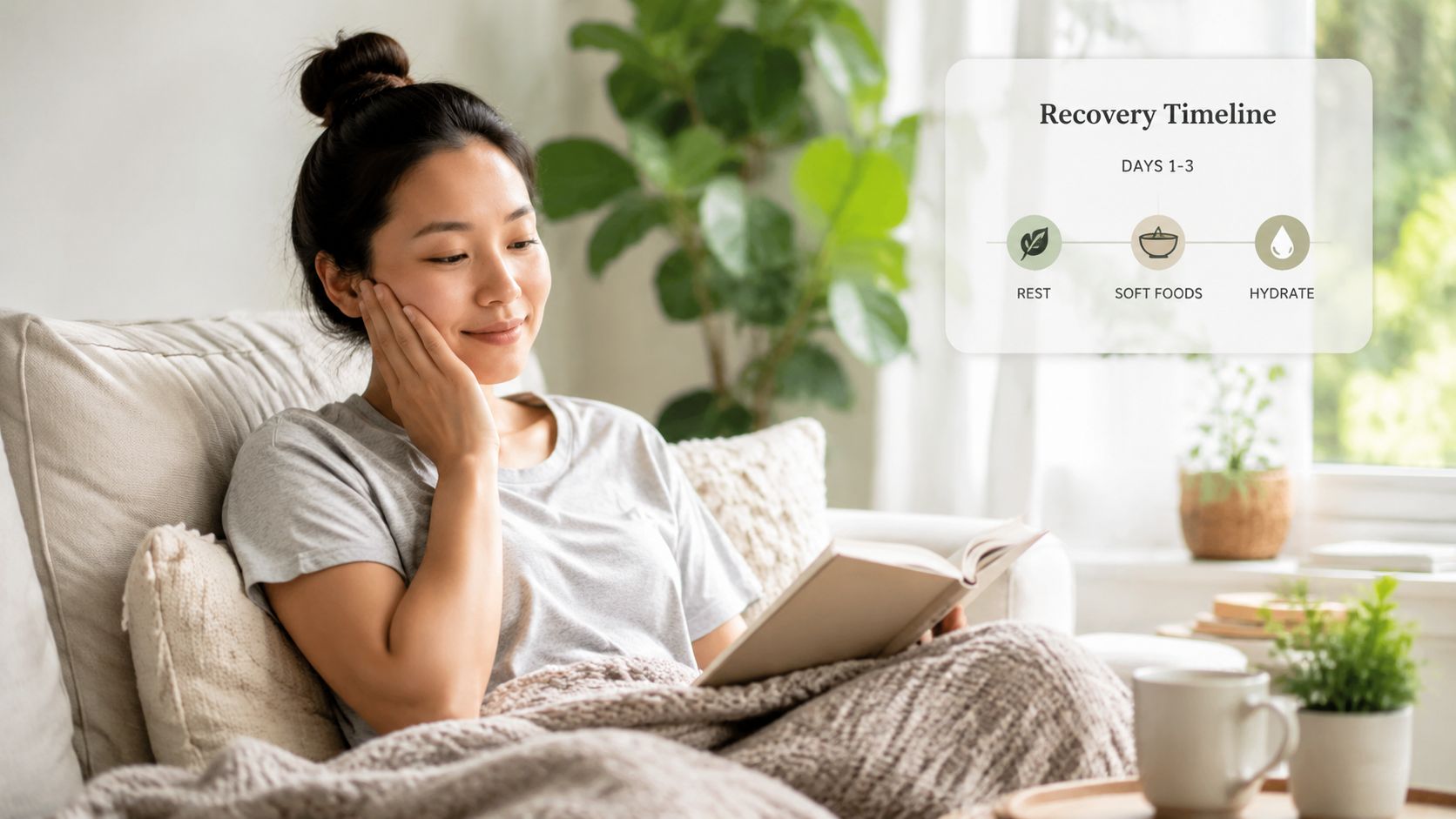 A woman resting on a couch while reading a book, accompanied by a recovery timeline guide.