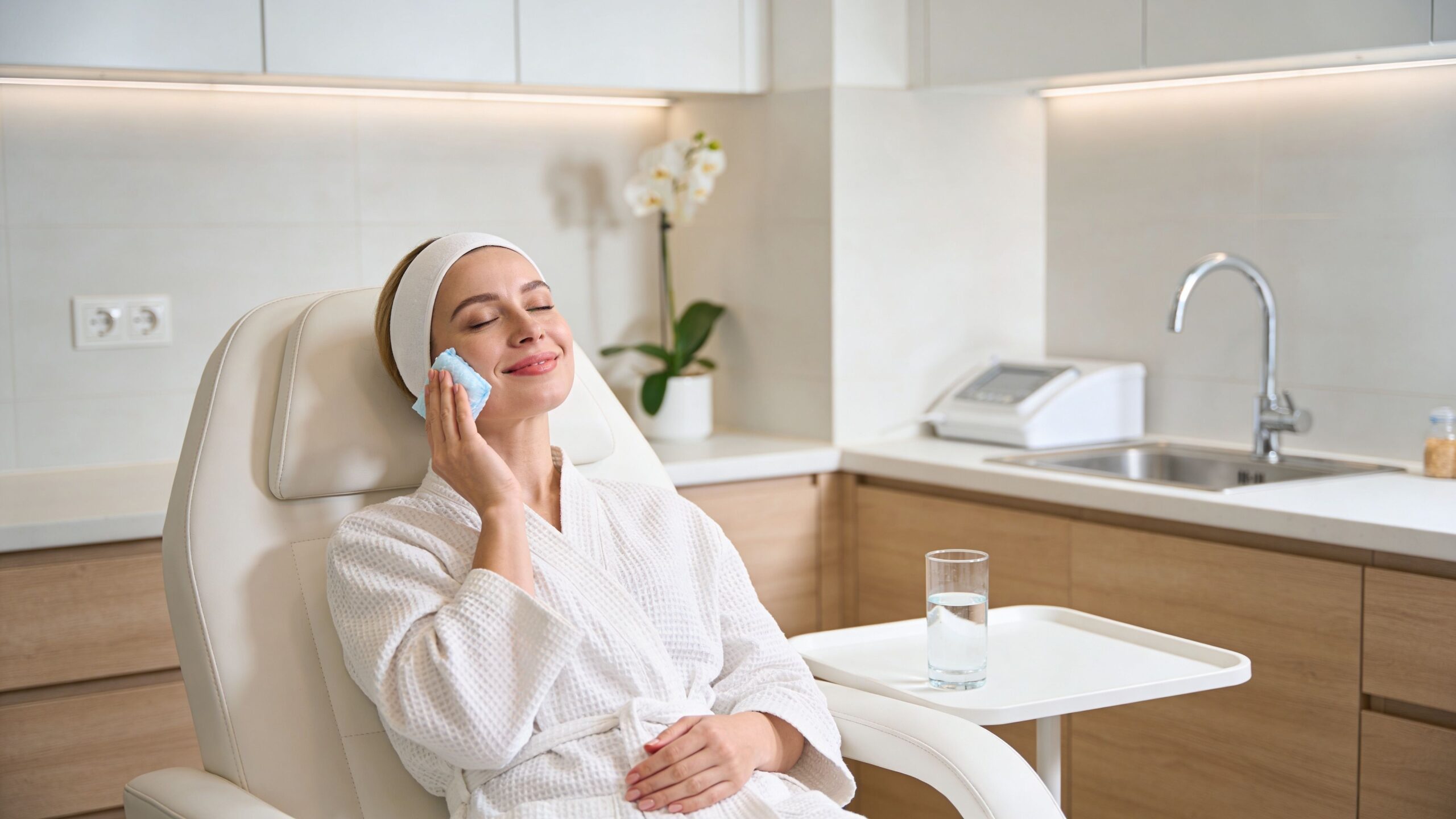 A woman in a bathrobe relaxing in a cosmetic clinic chair with a cooling compress on her cheek.