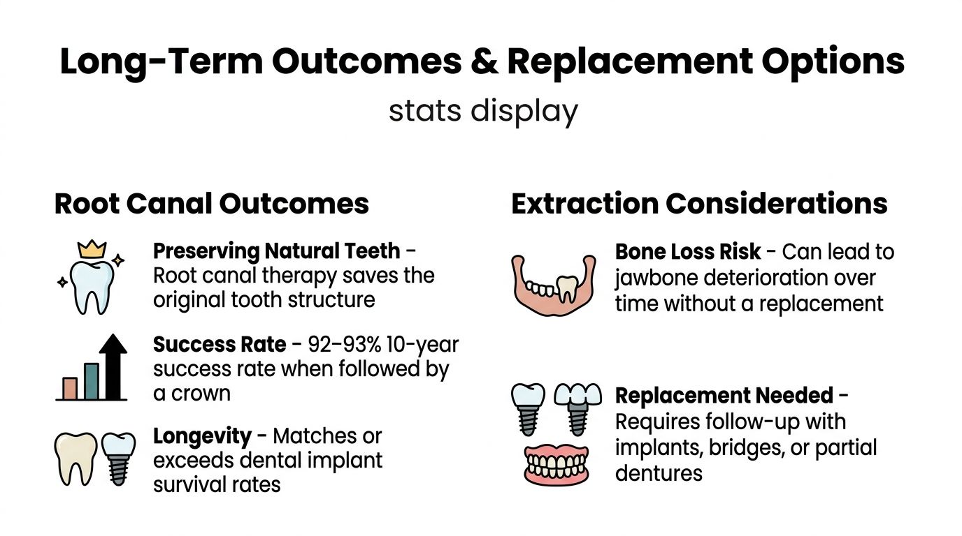 A comparison infographic showing the long-term benefits of root canal therapy versus the risks of tooth extraction.