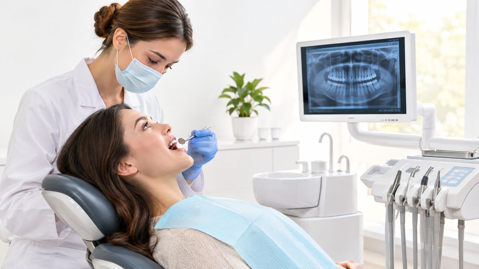 A professional dentist wearing a mask and gloves performing a routine dental check-up on a patient.