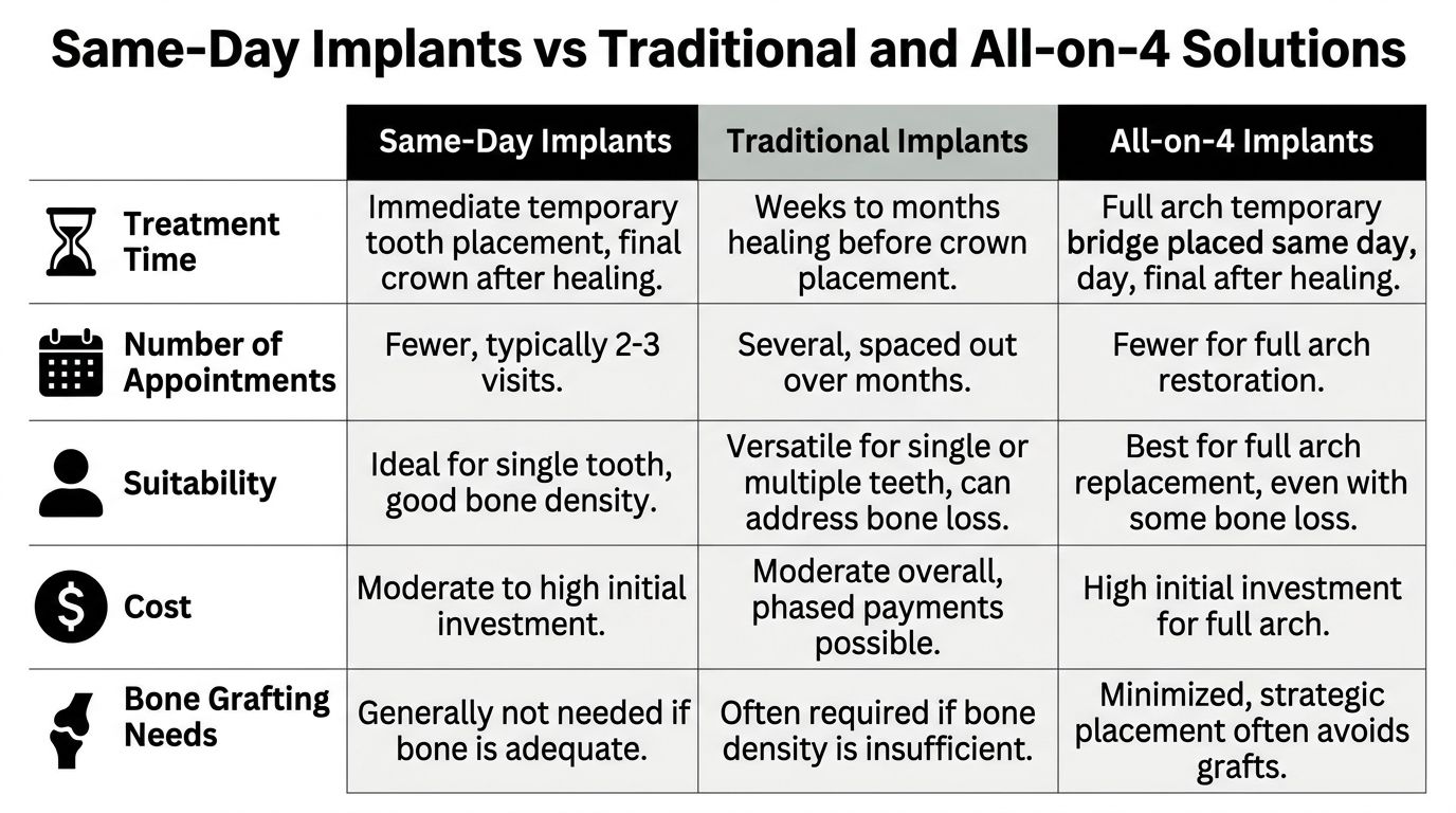 A comparison chart outlining the differences between Same-Day Implants, Traditional Implants, and All-on-4 dental solutions.