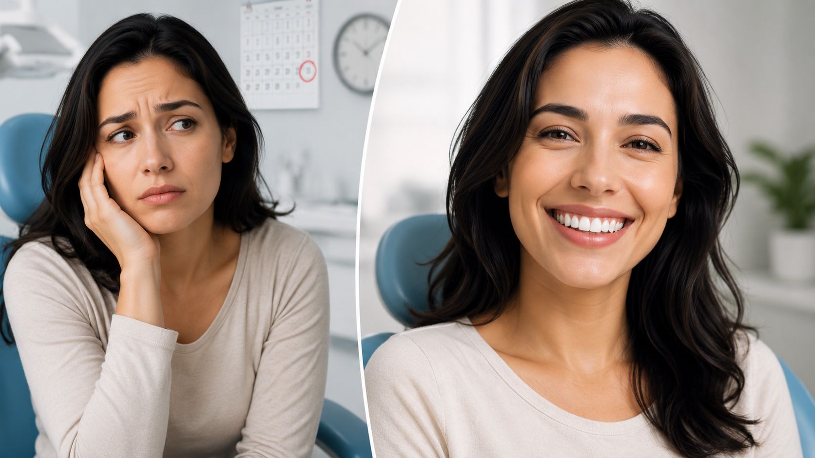 A split image of a woman before and after her dental appointment, showing relief and a bright smile.