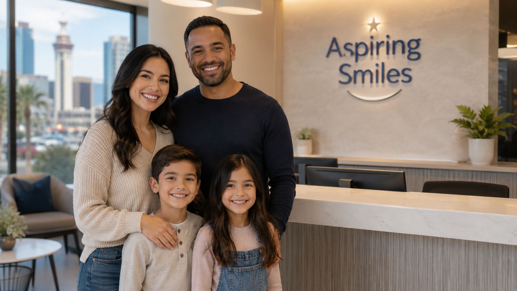 A happy family of four smiling in the reception area of a modern dental clinic called Aspiring Smiles.